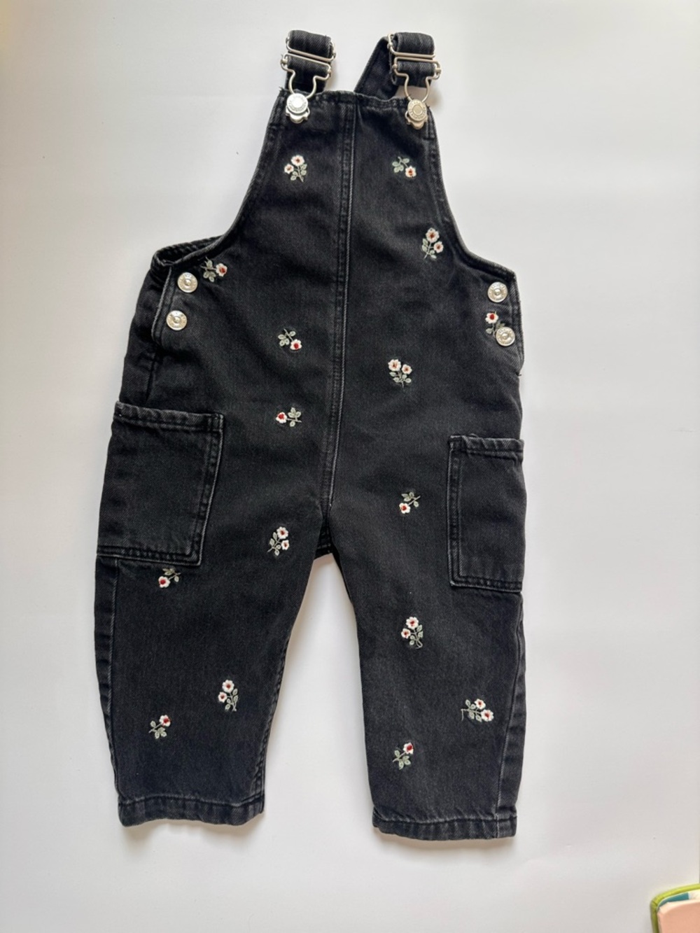 Zara Black Denim Overalls with Embroidered Flowers